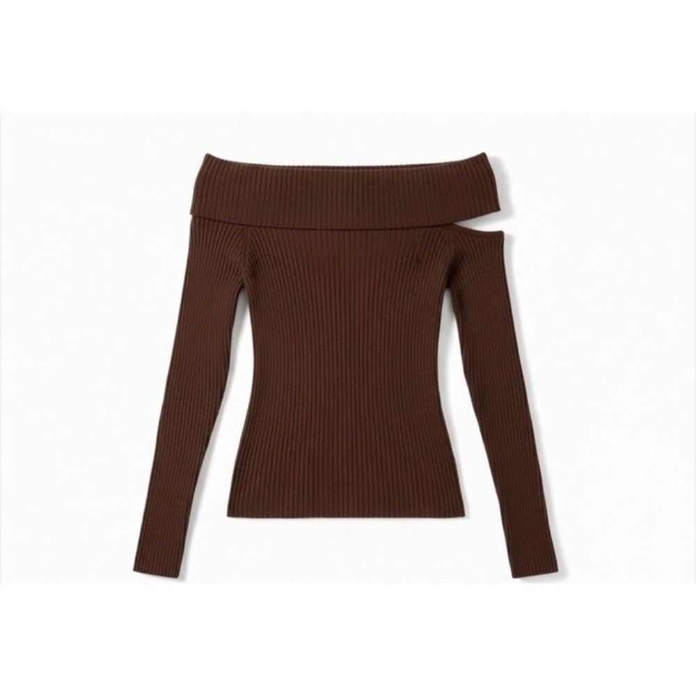 ASTR Daniella Off Shoulder Ribbed Sweater Brown Fitted Knit Top Large